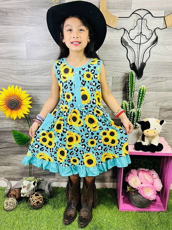 Sunflower & Leopard print sleeveless girls dress XCH0888-15H for wholesale by luluclothes