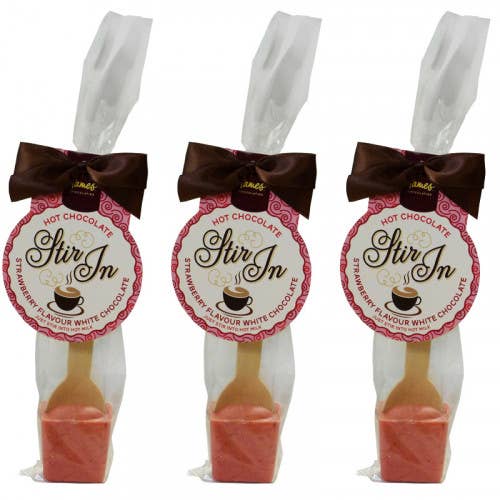 Hames Chocolates – wholesale Hot cocoa spoon – UK ONLY. White Hot Chocolate Stirrer Strawberry Flavouring1