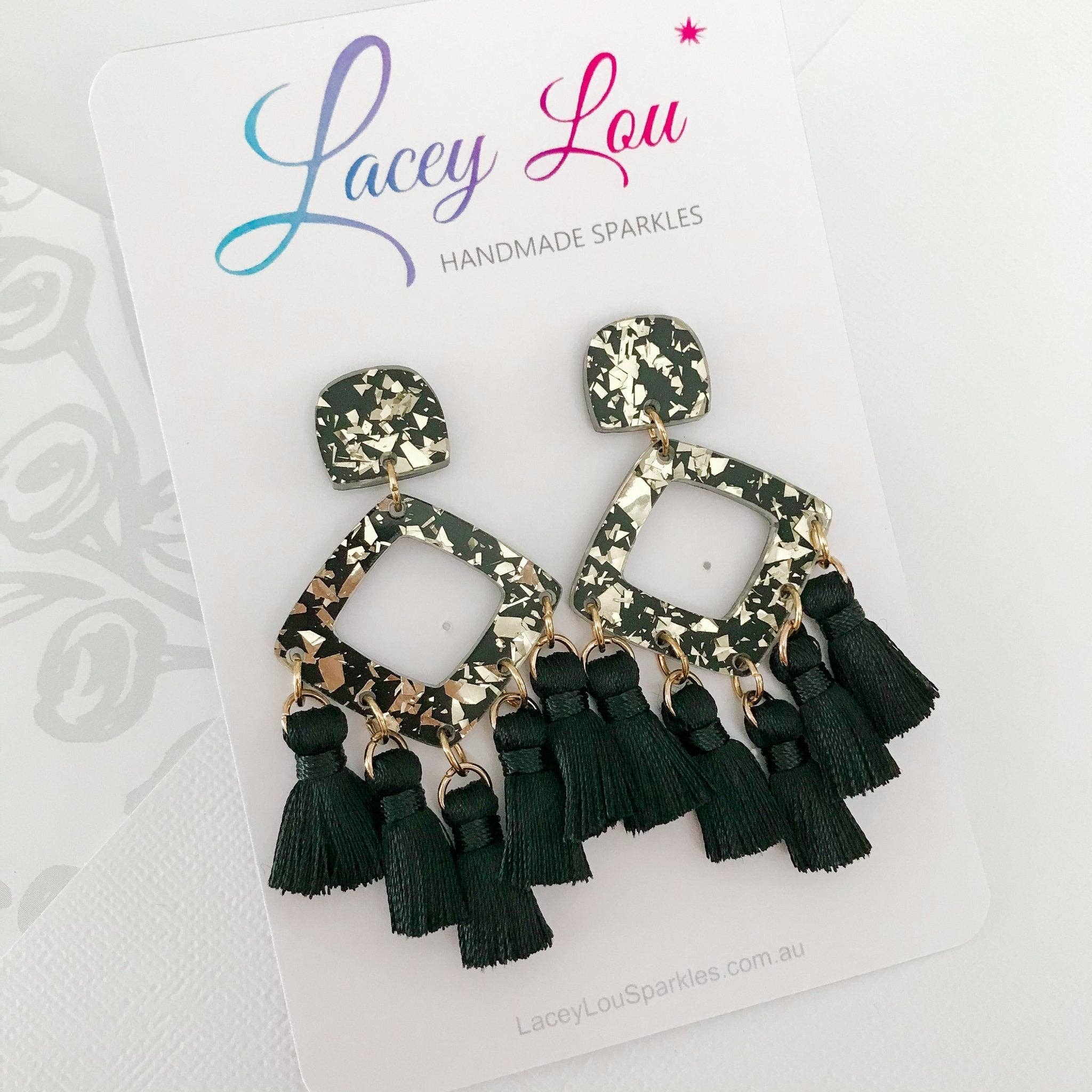 Lacey Lou Sparkles - Wholesale Dangle earrings - Large Tassel Earrings - Black and Gold Statement Acrylic Dangle1