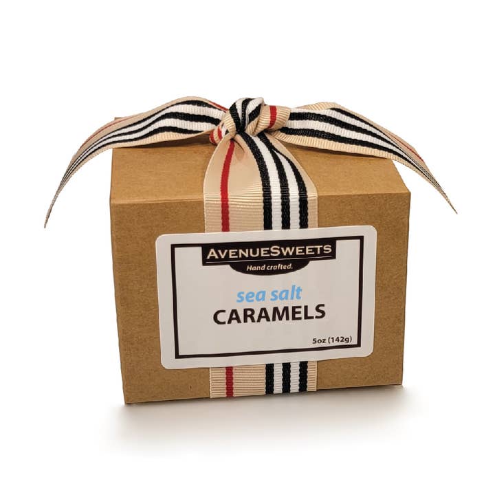 5oz Caramel Gift Box (Kraft with striped grosgrain ribbon) for wholesale by AvenueSweets