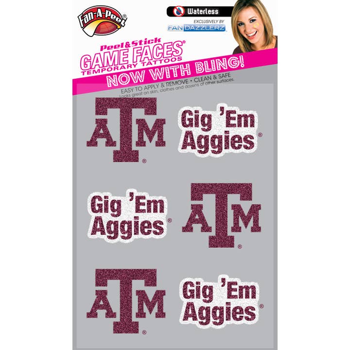 Texas AM Game Faces® Glitter 6 Tatuaggi Temporanei per la vendita all'ingrosso da parte di Fanapeel / Gamefaces