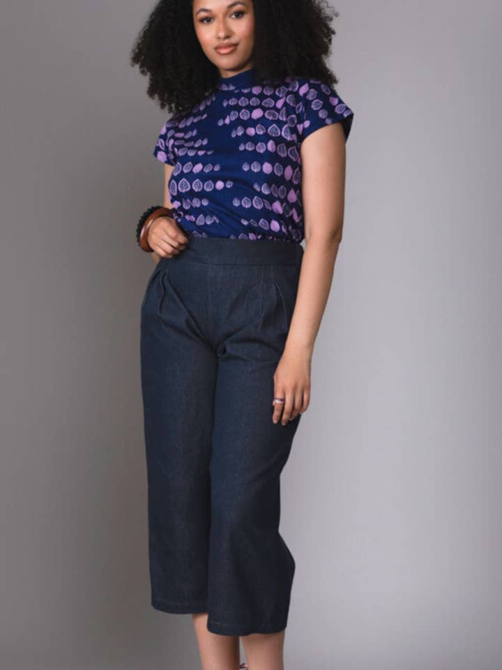 Culotte de pierna ancha Patuma en denim orgánico para venta al por mayor de Mayamiko