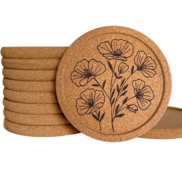 Dessous de verre en liège avec coquelicot, cadeau de la fleur d'État de Californie pour la vente par Art by Sharell