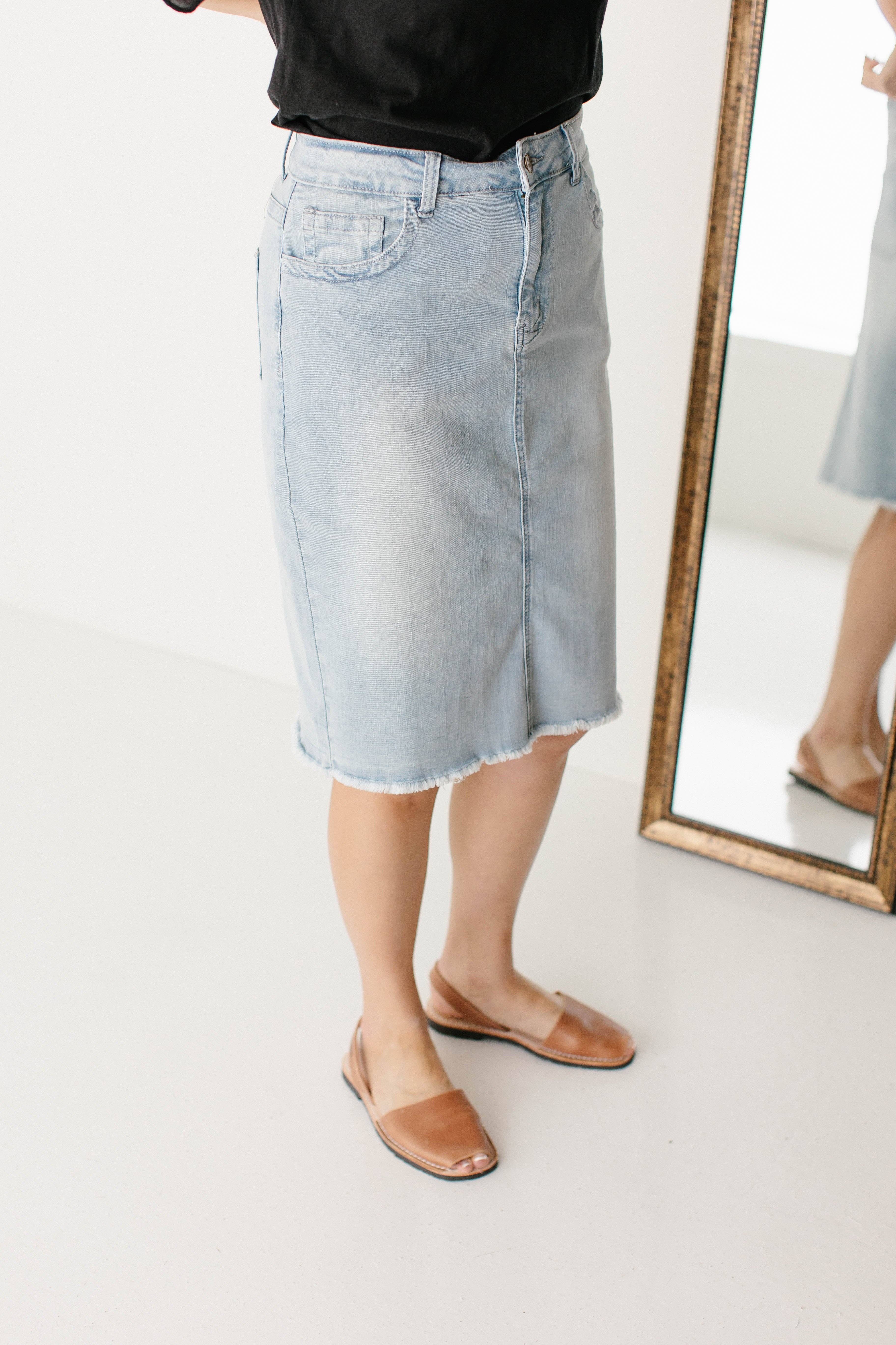 The Main Street Exchange - Wholesale Skirt - Women's - 'Lily' Stretch Denim Knee Length Skirt2