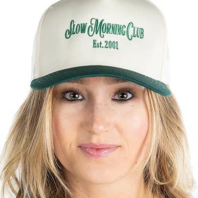 Funky Junque - Wholesale Trucker Hat - Women's - Two Tone Cap - Slow Morning Club - Forest/Beige
