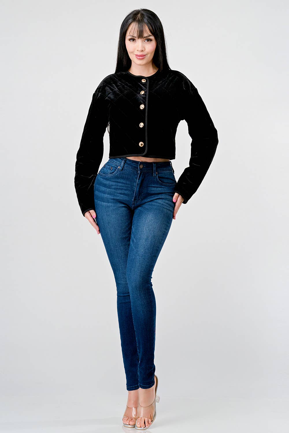 NEGRO Chaqueta acolchada de terciopelo con botones al frente PG3317K CLASSY de venta al por mayor en Faire5