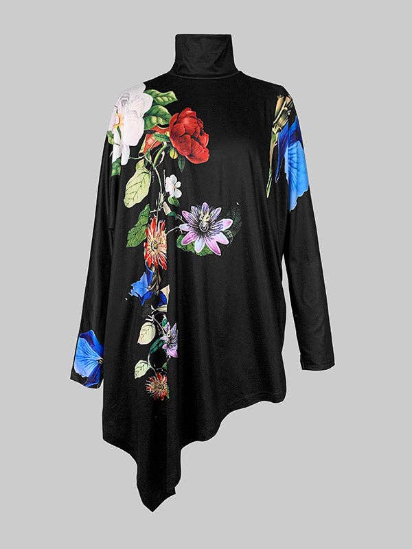 BLACK Floral High Neck Long Sleeve Tee for wholesale on Faire3