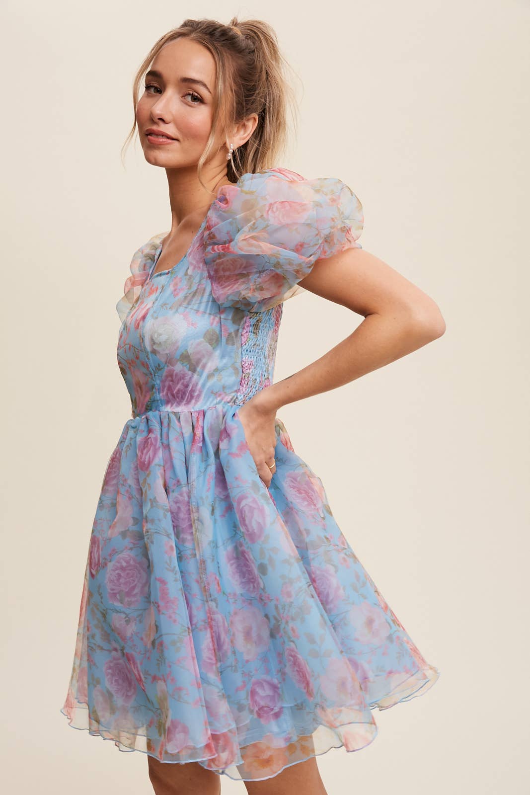 Listicle - Wholesale Dress - Women's - Floral Puff Sleeve Organza Mini Dress8