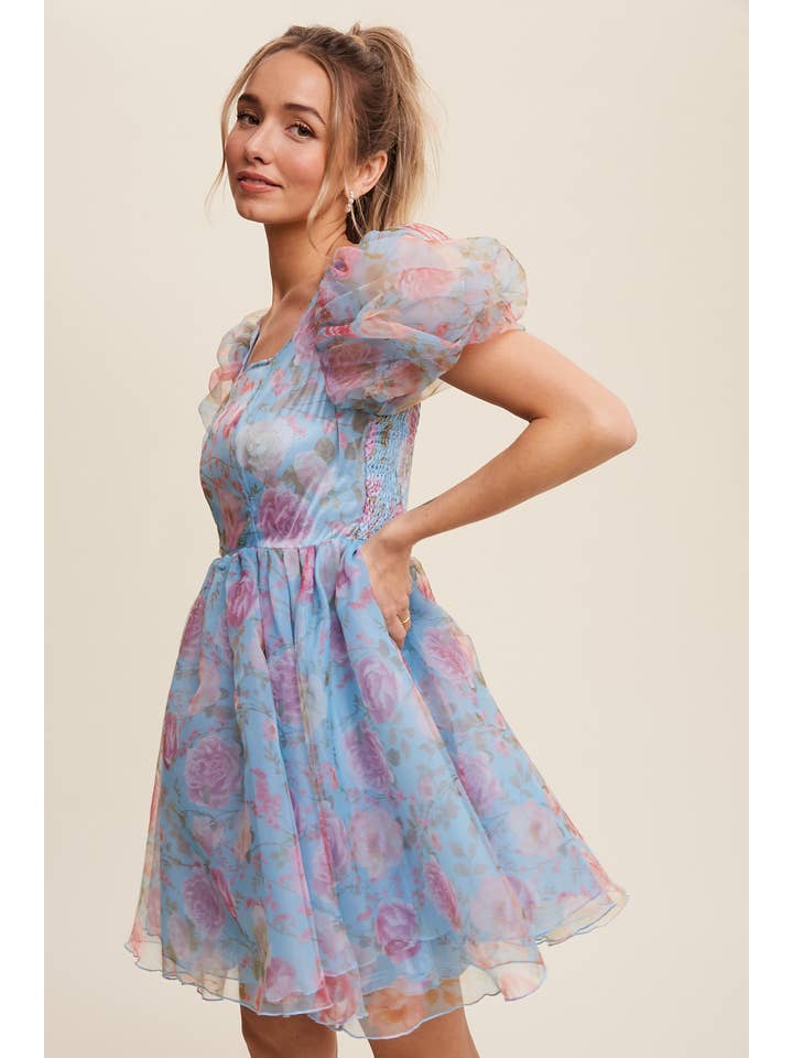 Listicle - Wholesale Dress - Women's - Floral Puff Sleeve Organza Mini Dress8
