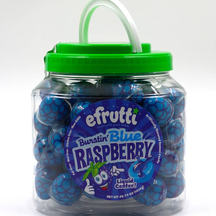 efrutti Burstin' Blue Raspberry Liquid Center 75ct Tub for wholesale by Grandpa Joe's Candy Shop
