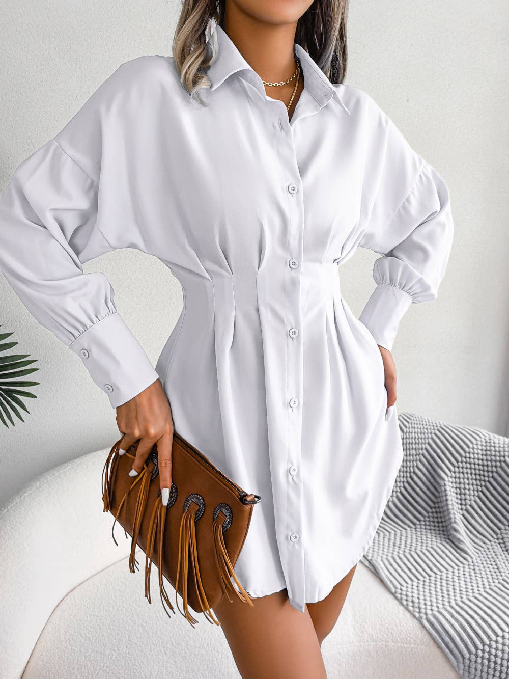 Anna Kaci Wholesale – wholesale Dress – Women's – Pleated-Waist Button-Front Shirt Dress20