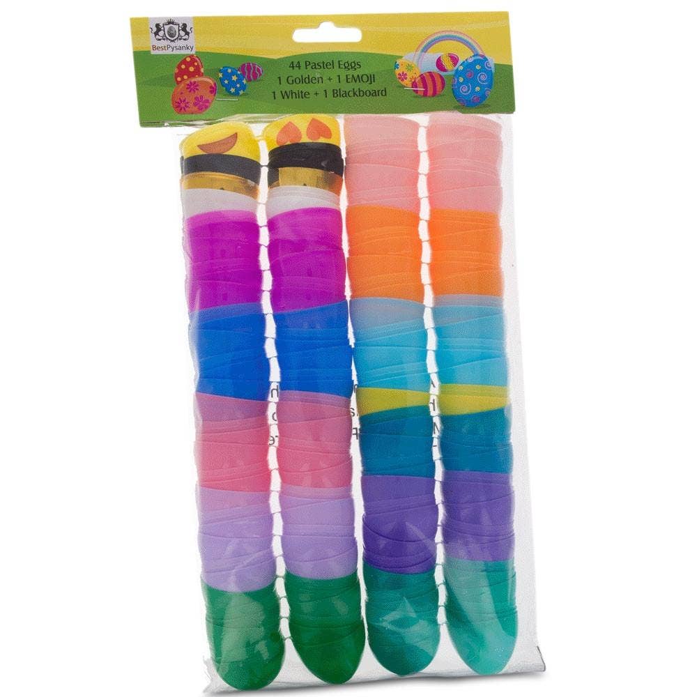 BestPysanky - Wholesale Decorative Tabletop Object - Set of 48 Plastic Easter Eggs - Pastel, Gold, White, Black, with Facial Expressions 2.25 Inches3