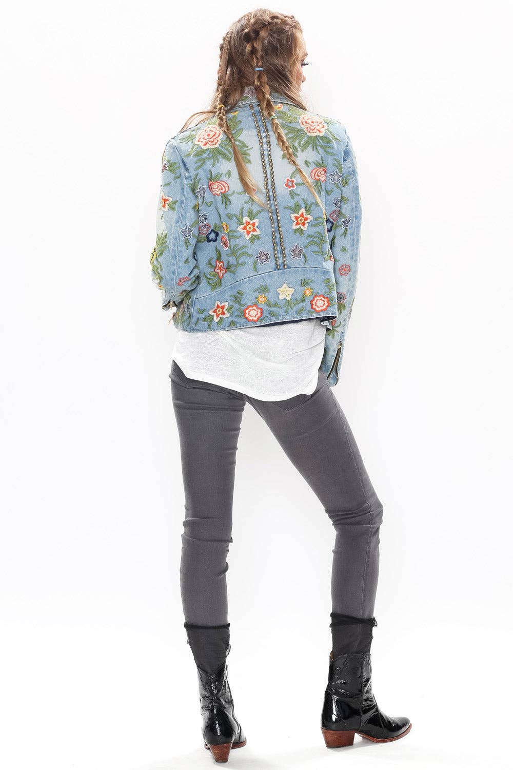 Lucinda Embroidered Denim Motorcycle Jacket for wholesale on Faire34