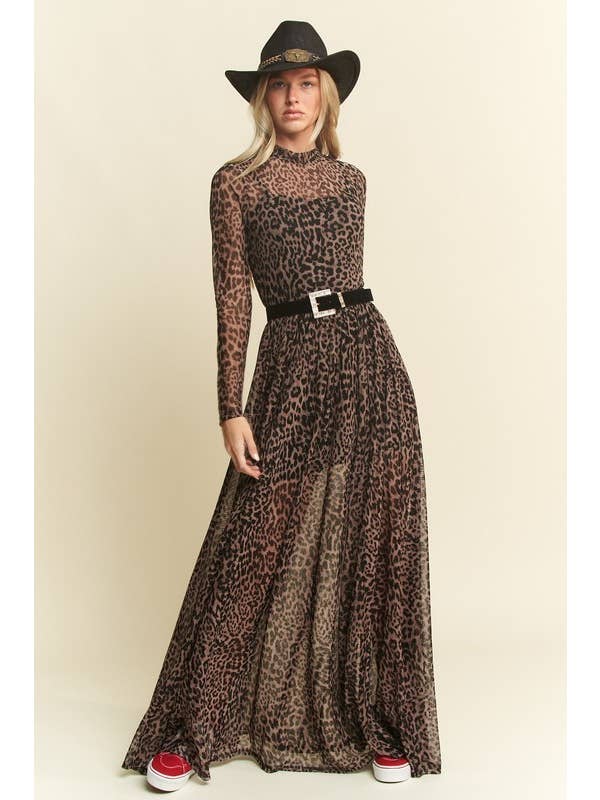 Black LONG SLEEVE MOCK NECK ANIMAL PRINT MESH MAXI DRESS KRD4340-4 for wholesale on Faire