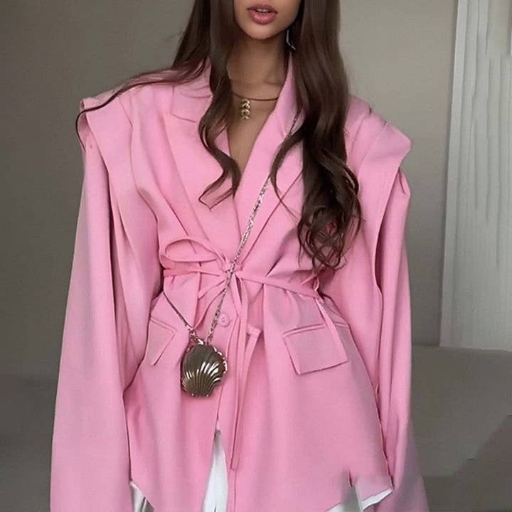 kycozy - Wholesale Blazer - Women's - Solid Color Belted Shoulder Padded Blazer6