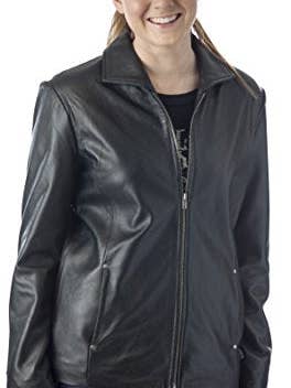 Black REED Women's 26" Classic Leather Jacket for wholesale on Faire