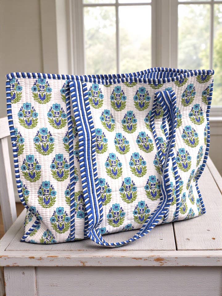 Emma Blue and White Floral Tote Bag for wholesale by Nash Grey