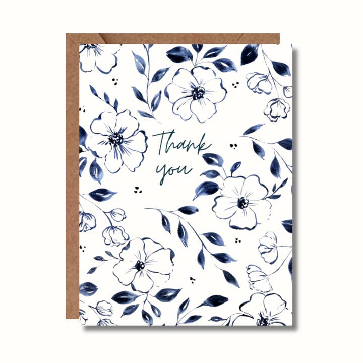 Blue floral than you greeting card for wholesale by Amy Rae Maker