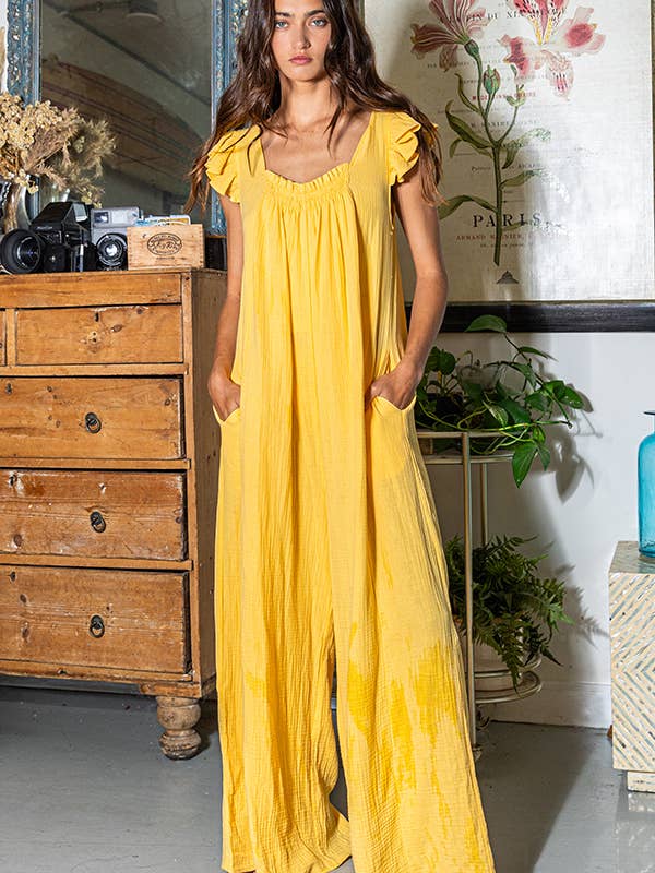 BUCKETLIST - Wholesale Jumpsuit - Women's - R5281 Ruffled Sleeve Wide Leg Solid Gauze Jumpsuit