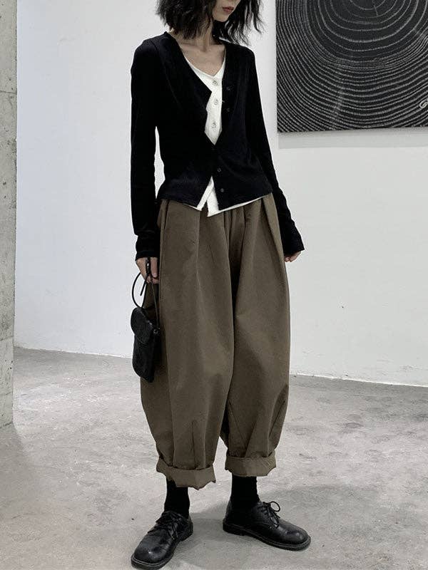 StyleGalX - Wholesale Broek - Dames - Harembroek, losse elasticiteit, geplooide broek met hoge taille, effen kleur, broek met gespleten gewrichten11