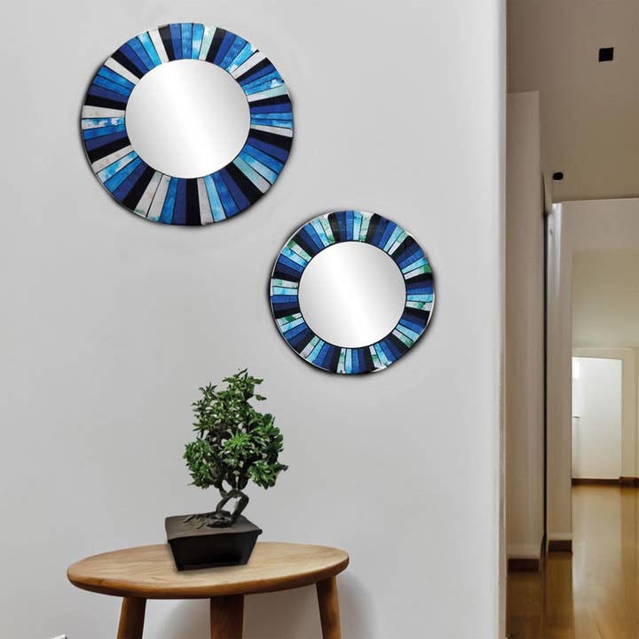 Shared Earth - Wholesale Wall Mirror - Round Mirror, Recycled Glass Mosaic Blues 50cm Diameter