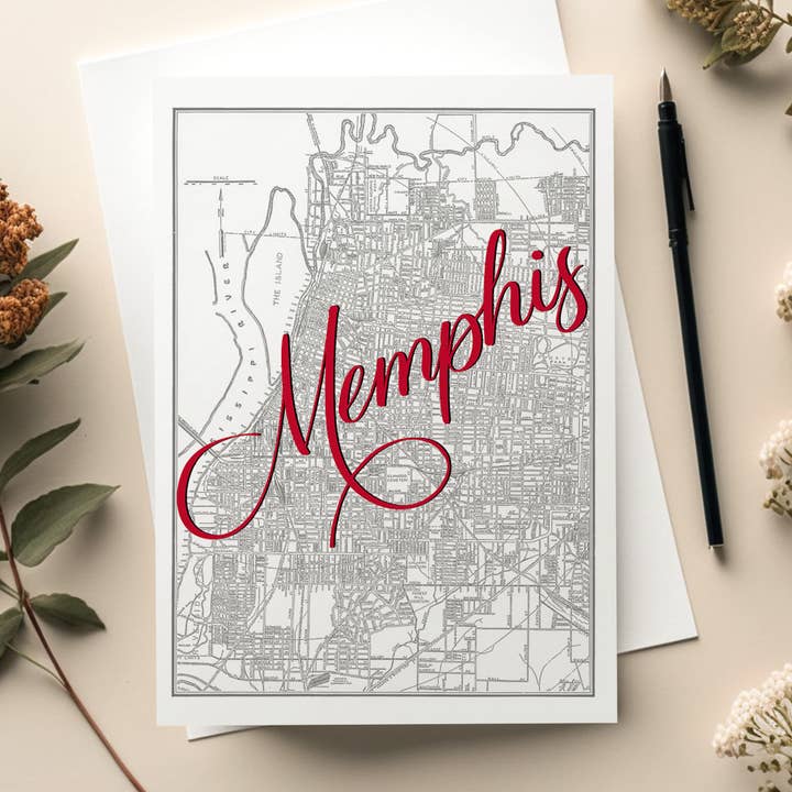 Memphis, Tennessee Mapa Cartão de Saudações por atacado de Feather Lettering
