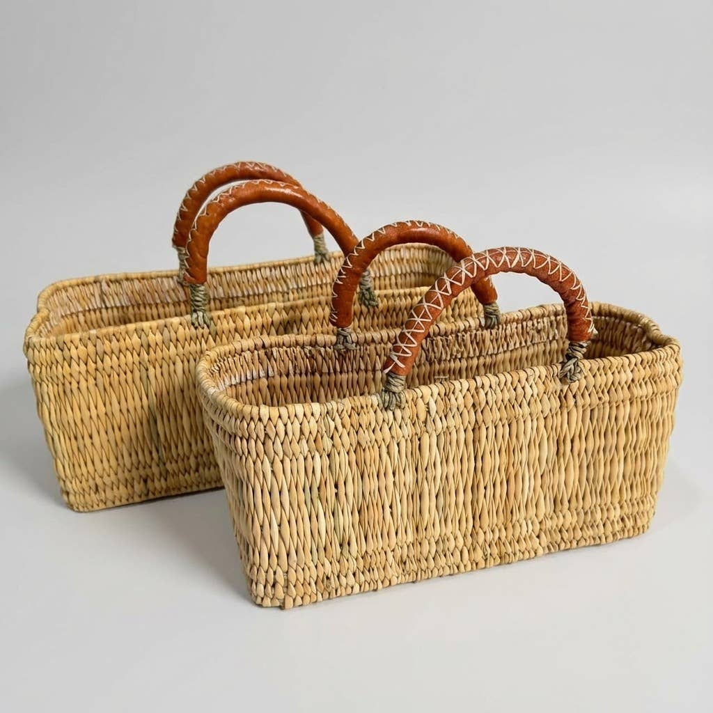 Brown Rectangular Reed Storage Basket Leather Handle Market Tote for wholesale on Faire8