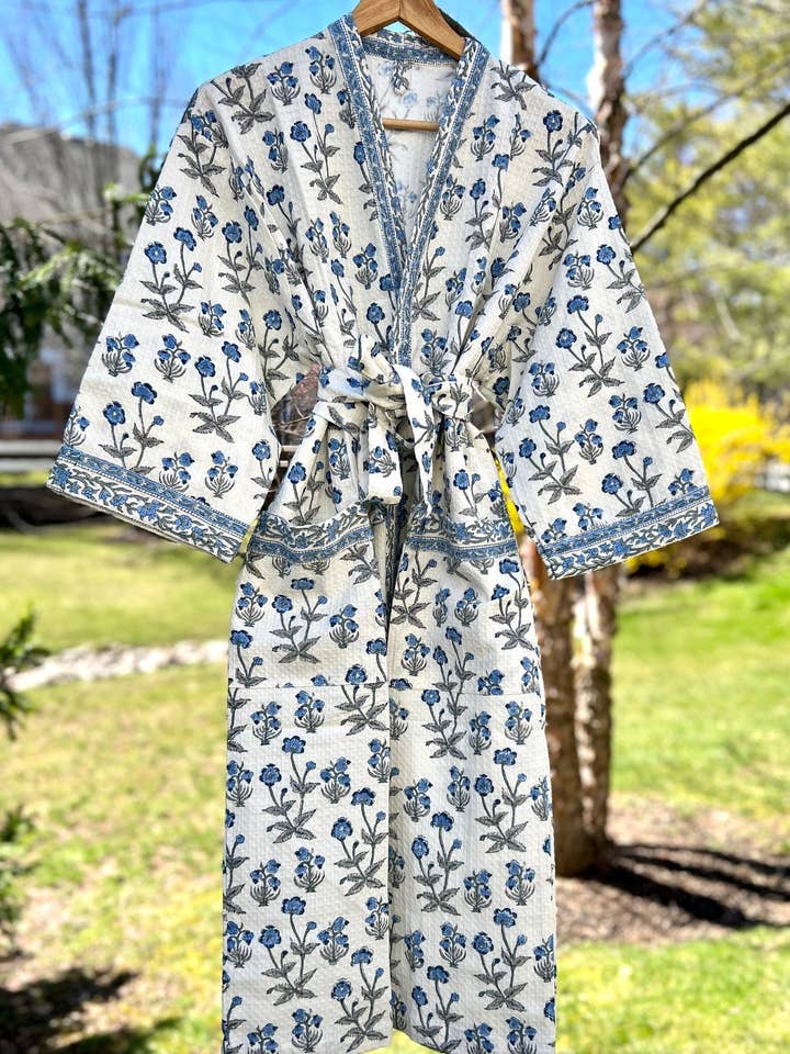 Waffle Weave Bath Robe (Violet Floral) for wholesale by House of Mulmul LLC