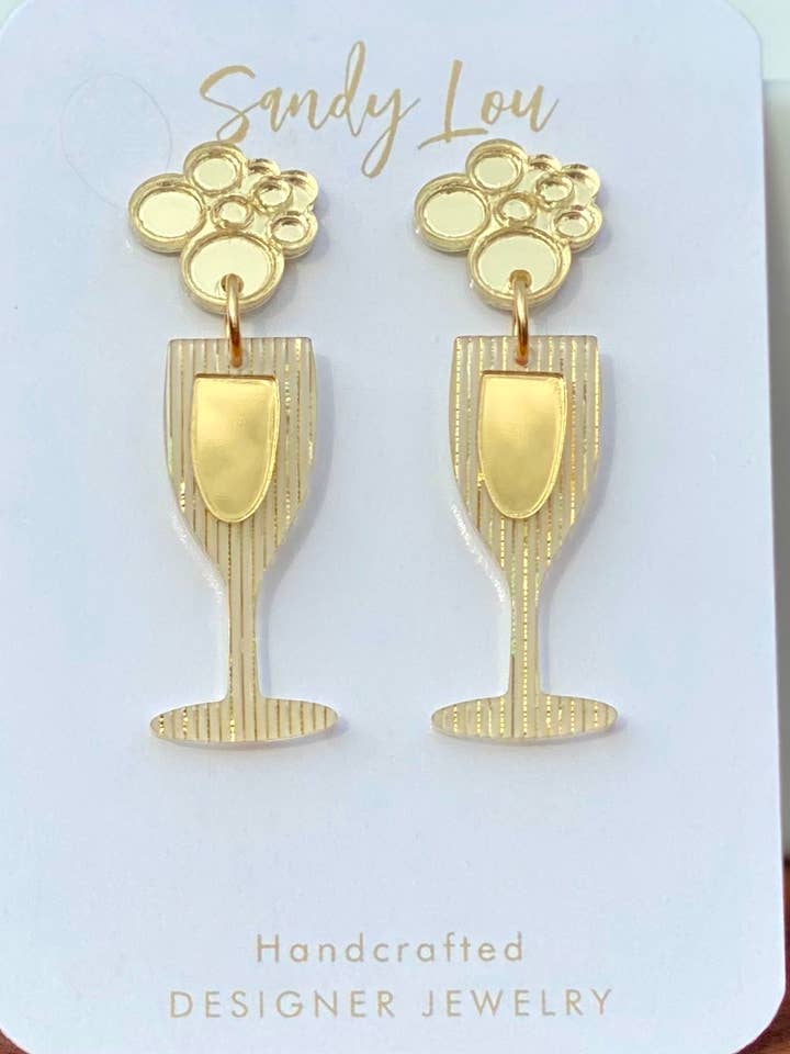 Cheers Gold Bubbly Acrylic Earrings for wholesale by Sandy Lou Designs