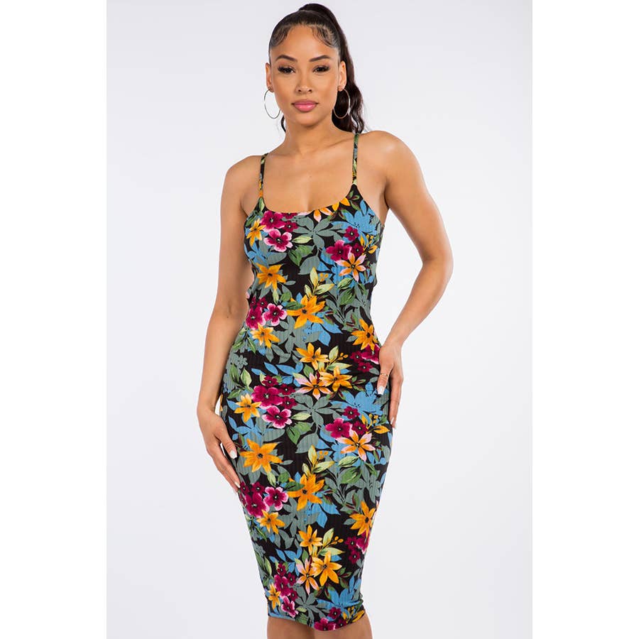 BLACK MULTI D12615 Floral Tie Back Midi Dress for wholesale on Faire3