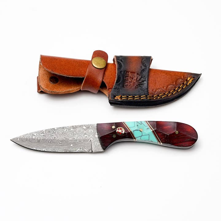 Damascus Steel Drop Point Hunter | Faceted Rosewood & Turquoise Handle | Scout Carry TK-497 for wholesale by Titan International