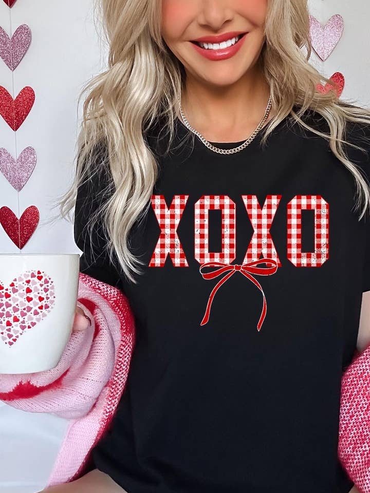 Red Plaid XOXO Valentine Graphic Plus Tee for wholesale by Pink Irene Wholesale