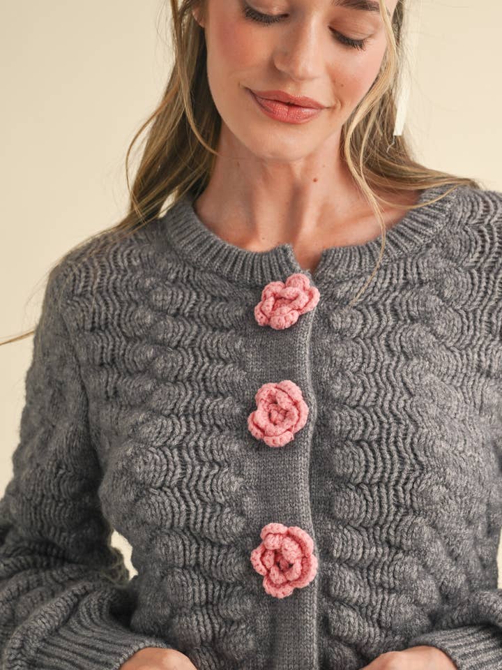 &MERCI - Wholesale Cardigan - Women's - TEXTURED SWEATER CARDIGAN WITH KNIT ROSETTE DETAIL MSW1073521