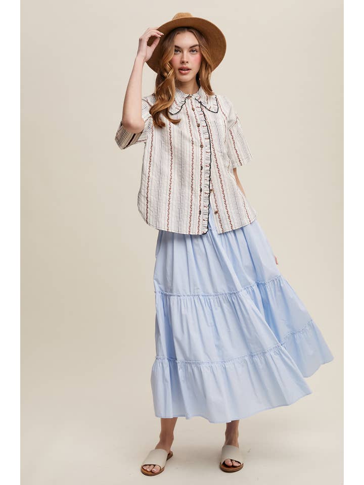 Listicle - Wholesale Button Down Shirt - Women's - Striped Embroidered Button-Down Blouse21