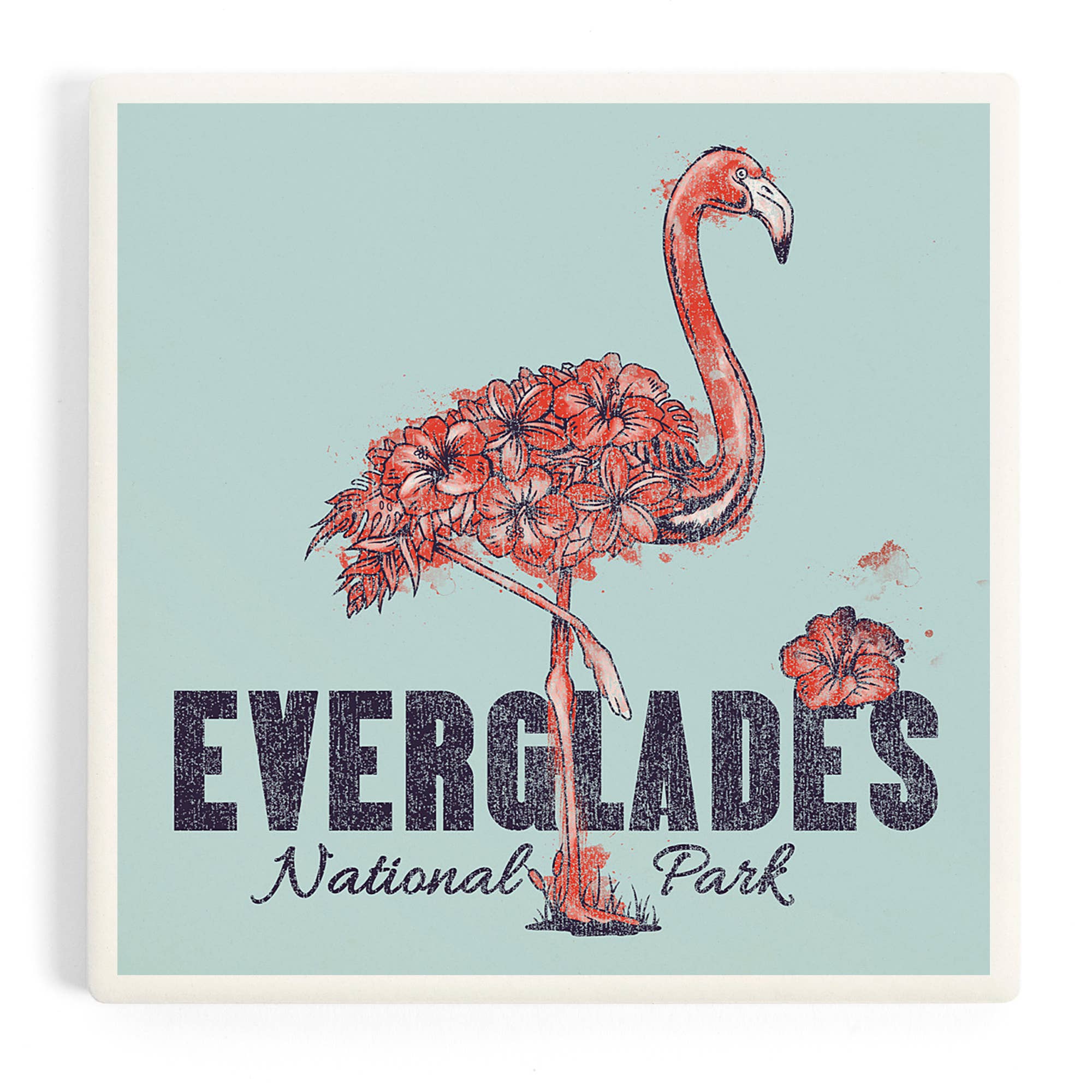 Lantern Press - Wholesale Coasters - Ceramic Coaster Everglades National Park, Flamingo, Flowers0