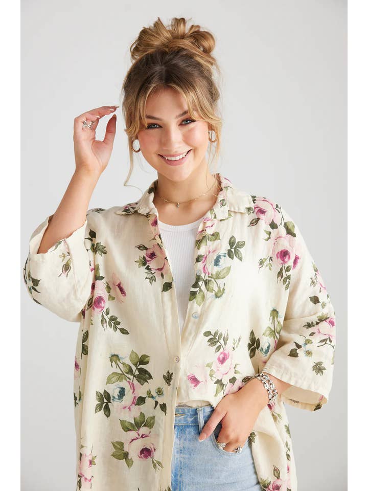 Miss Rose Sister Violet - Wholesale Button Down Shirt - Women's - WOMEN'S - Teddy Linen FLORAL Shirt