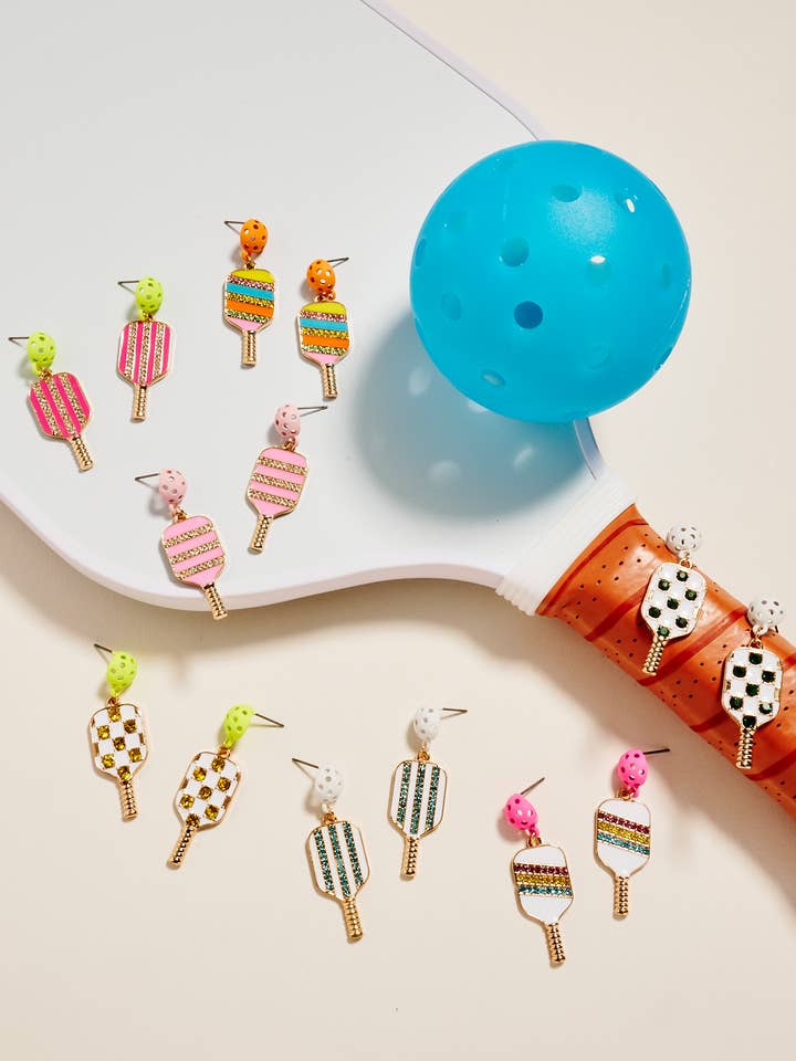 Sports Pickleball Enamel Rhinestone Post Earrings for wholesale by Designature New York