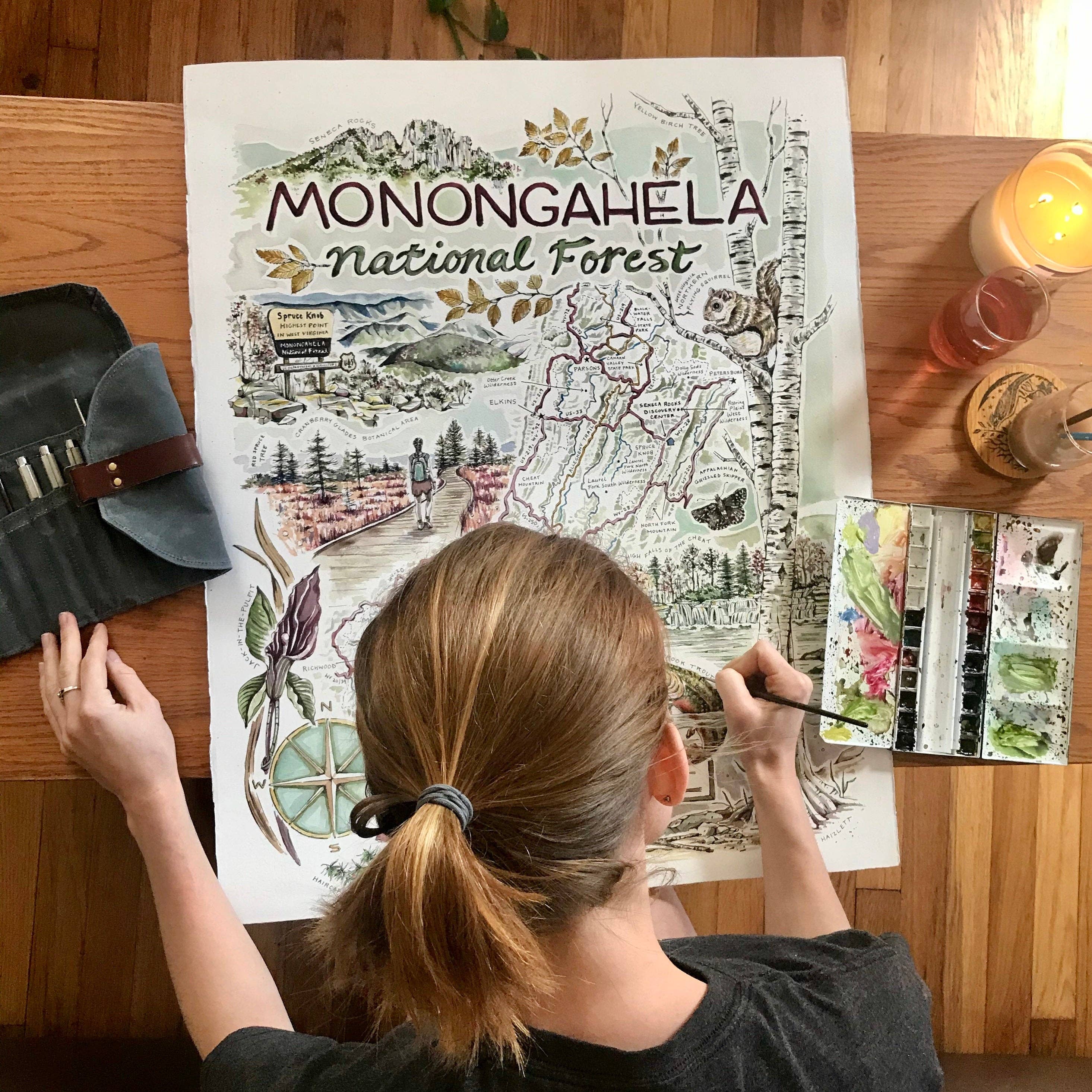 Rosalie Haizlett Illustration - Wholesale Map - Monongahela National Forest Map - Watercolor Art Print6