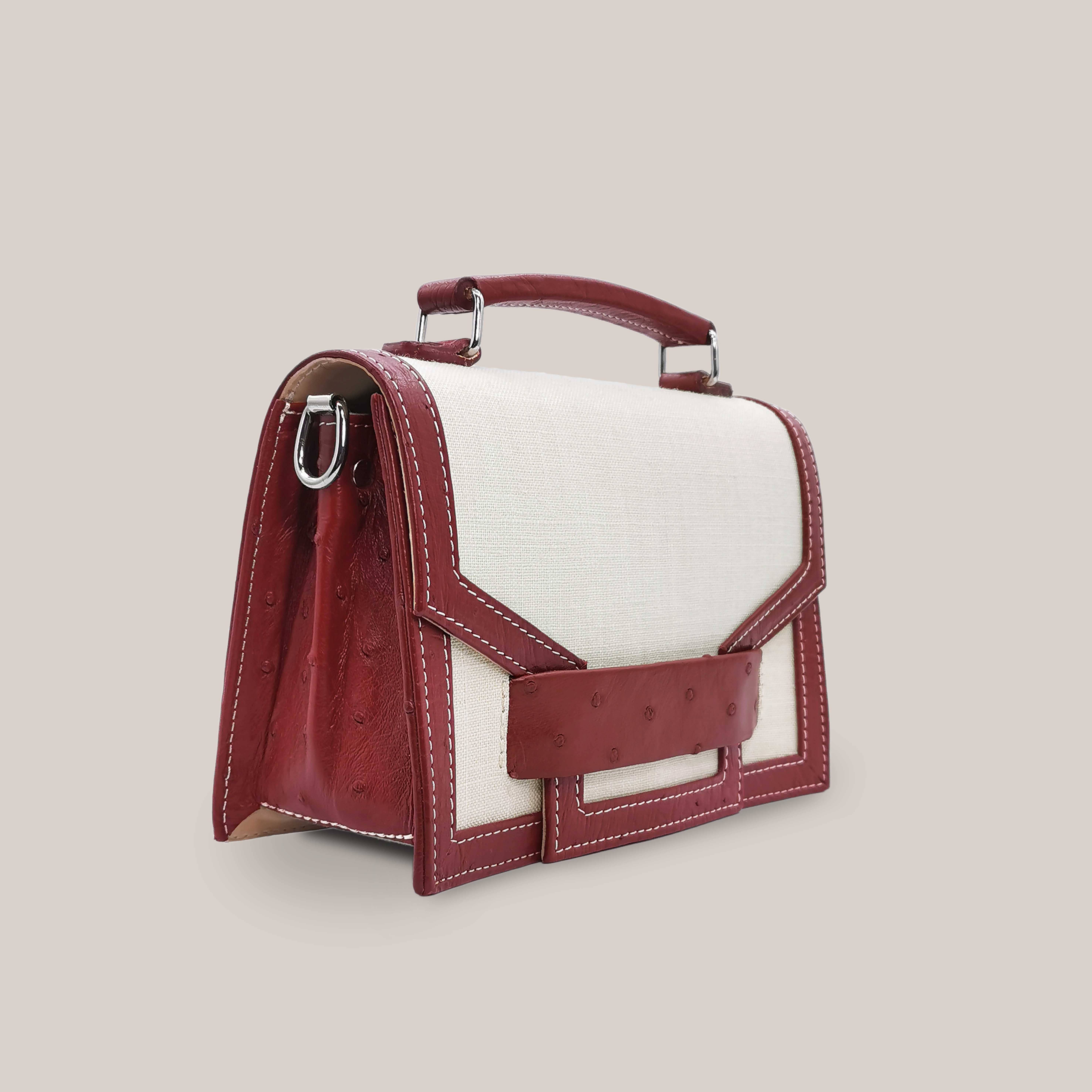 bordeaux Alca Burgundy Ostrich Leather And Linen Flap Bag for wholesale on Faire2