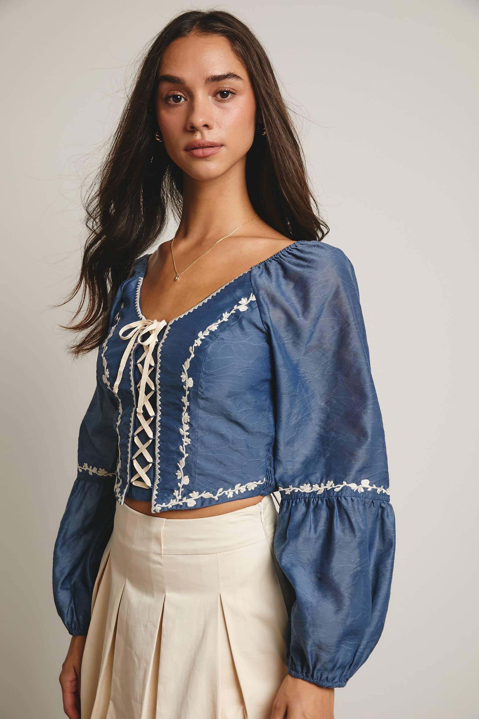 Forte - Wholesale Blouse - Women's - Lace-Up Embroidered Puff Sleeve Top FT0007 21