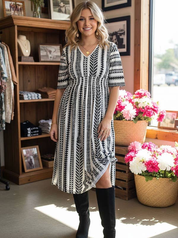 Black & White Geometric Women Midi Dress w/slit GJQ16338 for wholesale by luluclothes