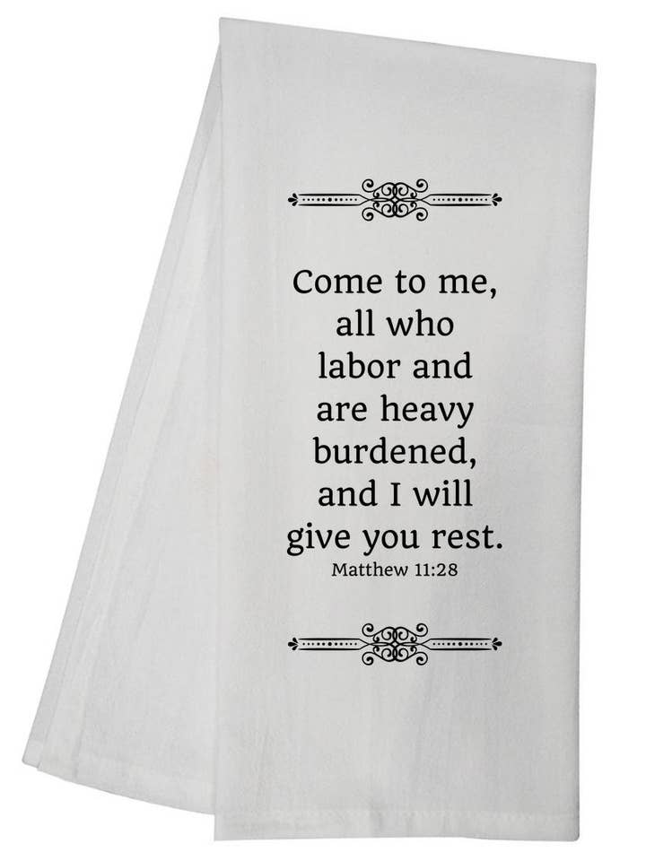 Matthew 11:28 Tea Towel Christian Kitchen Gift 5526 GGTT257 for wholesale by Sal Et Lux