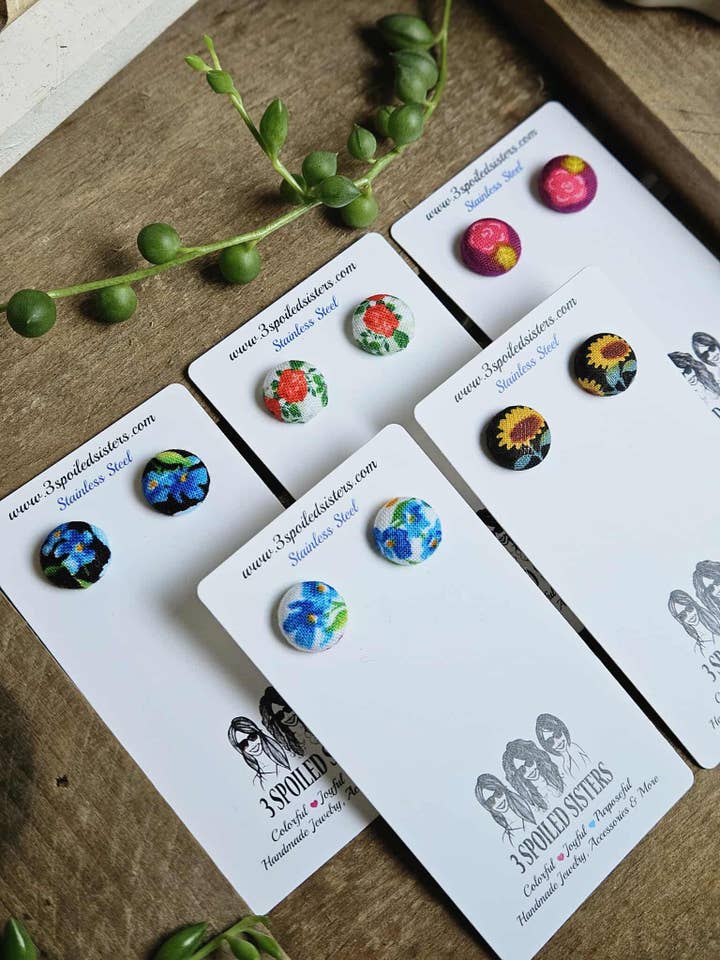 Fabric Button Earrings-mixed lot of 5 for wholesale by 3 Spoiled Sisters