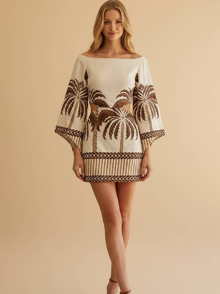 Open Back Long Sleeve Palm Tree Print Mini Dress for wholesale by Vestis M