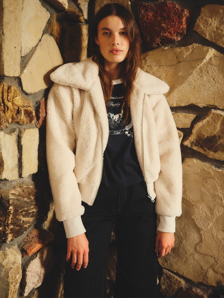 Sundry Sherpa Outerwear Bomber in Oyster for wholesale by Sundry Clothing
