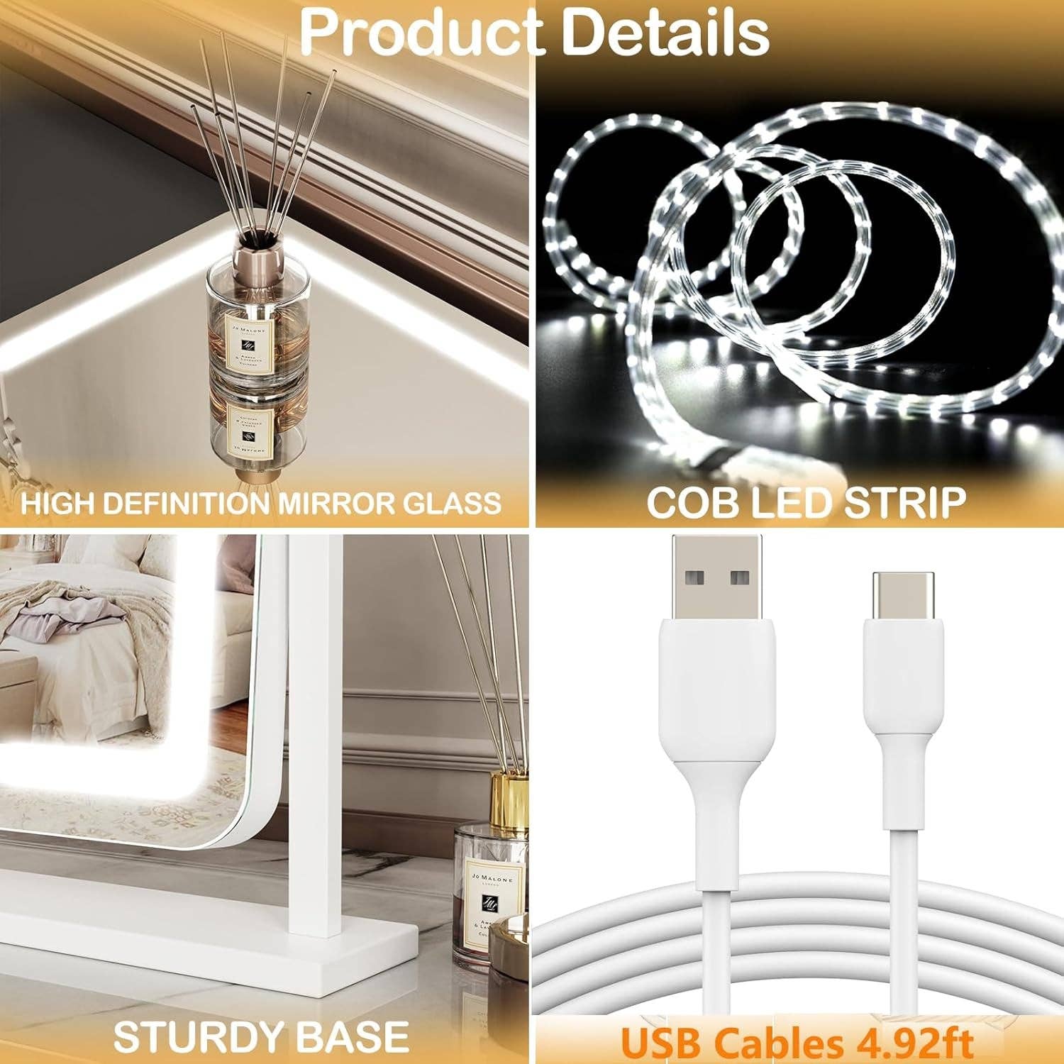 Gold Lighted Makeup Mirror With LED Three Color Lighting Modes for wholesale on Faire7