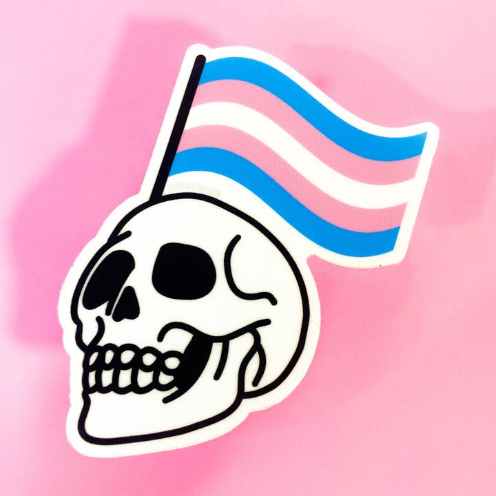 Trans Flag Skull sticker for wholesale by Support the T