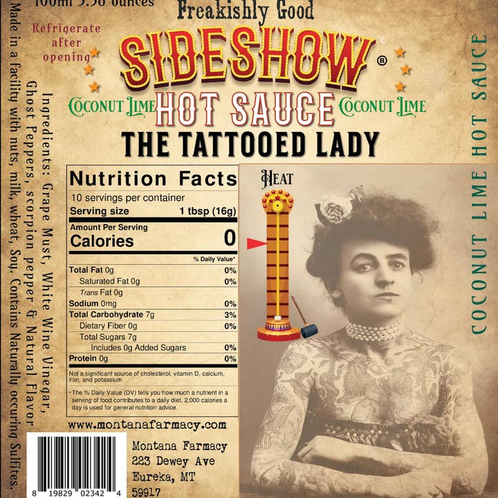 Montana Farmacy – wholesale Stark sås – Sideshow varm sås © Den tatuerade Lady Circus kokosnötkalk1