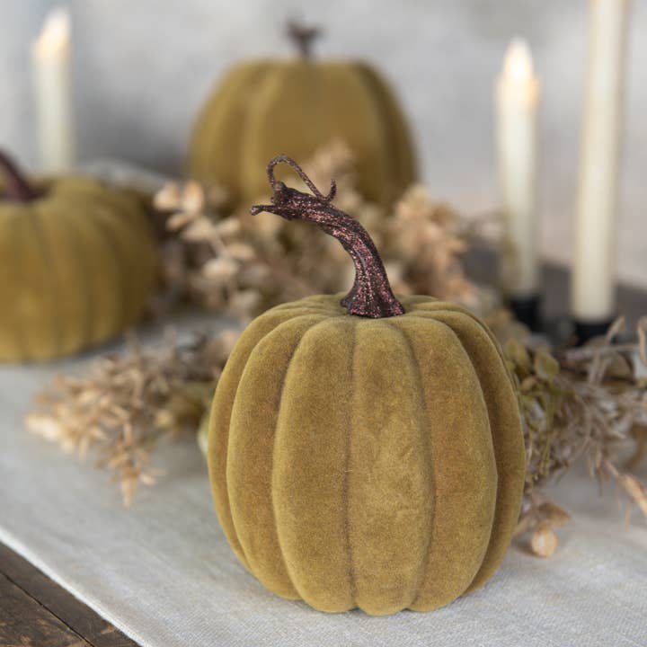 6.5" GREEN FLOCKED PUMPKIN for wholesale by Ragon House