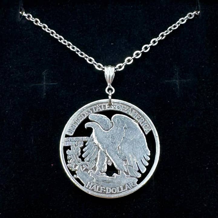 U.S. Walking Liberty Hand Cut Silver Coin Necklace (Eagle) for wholesale by Mountainstruck Coin Rings and Jewelry